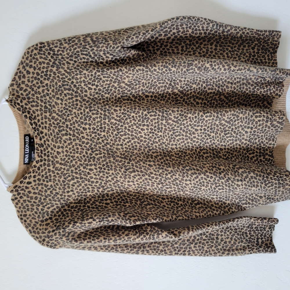 Nina Leonard Leopard Print Sweater in Tan and Black